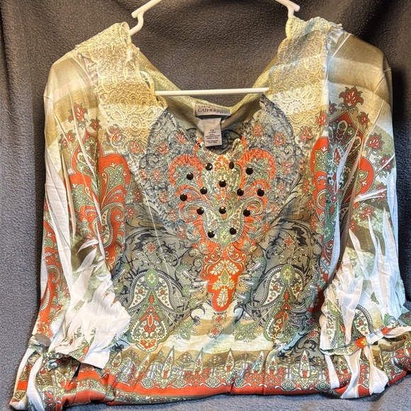 Catherines Vibrant Paisley Blouse with Orange and Green Accents - Picture 1 of 2